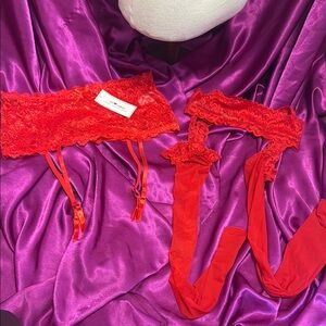 NWT Oh my Dear Elegant Red Lace Garter Set size 12-14 with stockings and waist